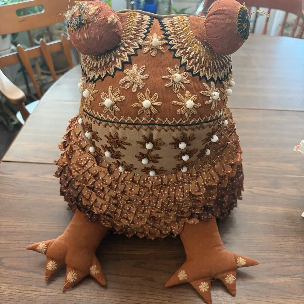 Vintage Rosenthal Netter Handmade Folk Art Owl Pillow Plush 1980s Fabric Beaded